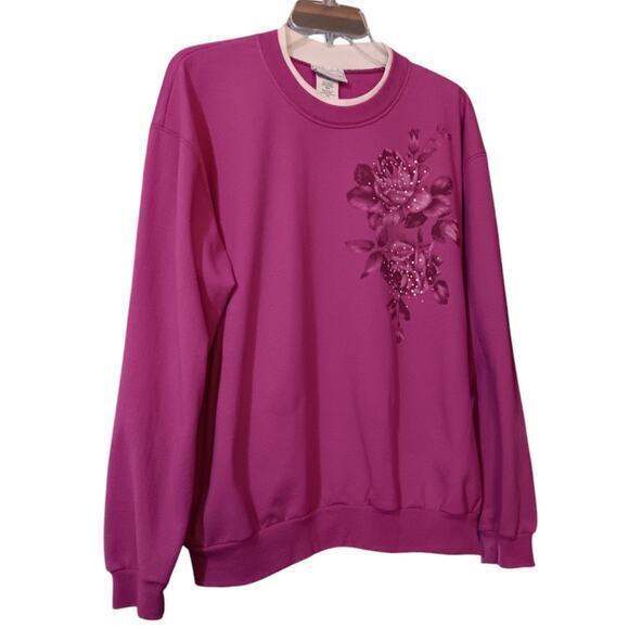 VINTAGE Sweatshirt Pink Size XL Flowers Roses Sparkle Beading Long‎ Sleeves - Picture 9 of 10